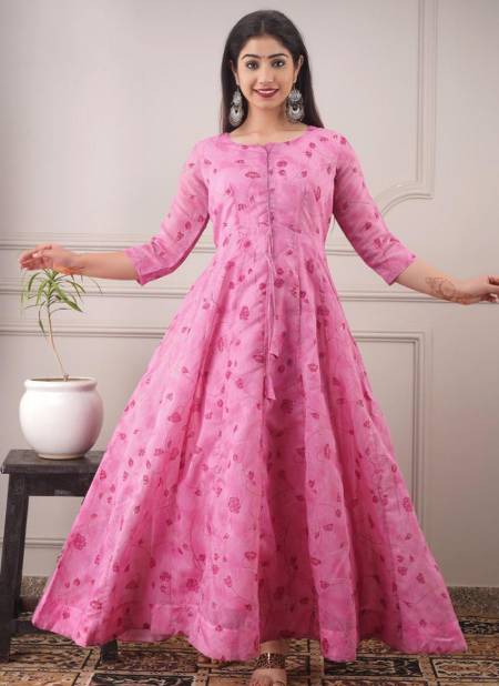 Pink Colour STYLISHTA STYLISHTA 10 Fancy Festive Wear Pure Chanderi Printed Gown Collection 10003